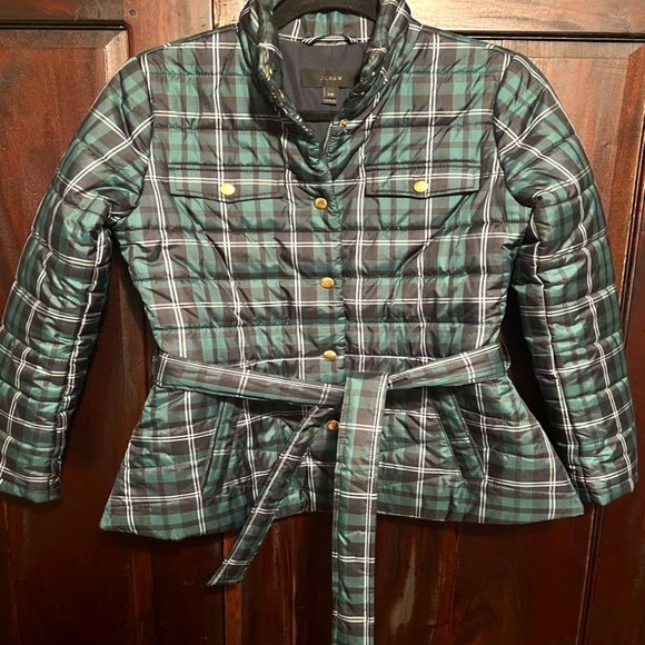 J. Crew Puffer Jacket Tartan Blue Green Plaid Belted - Picture 2 of 6